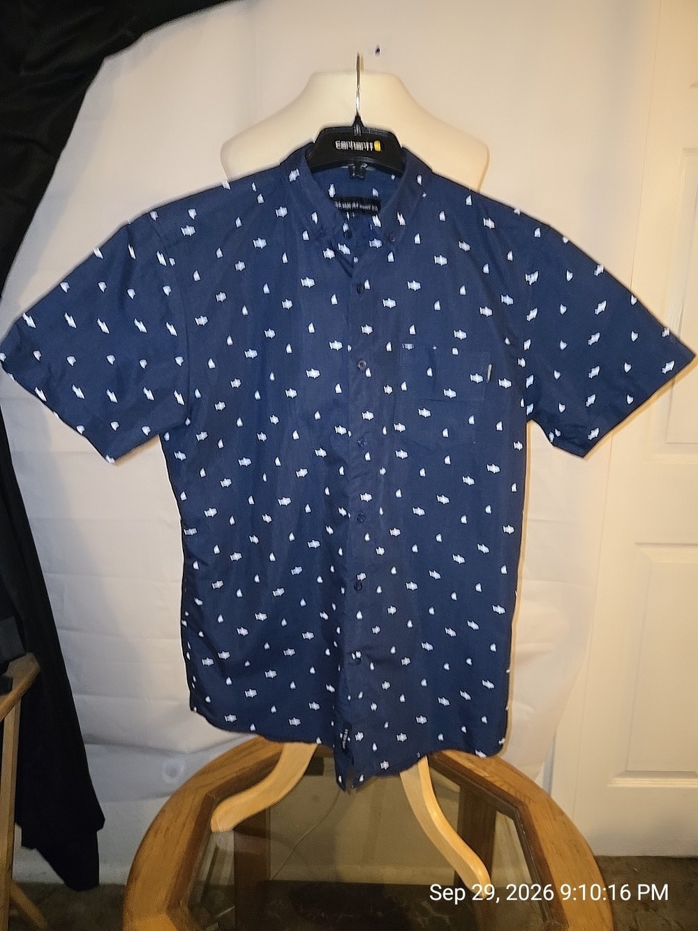 Short-Sleeve Navy Printed Button-Up Shirt